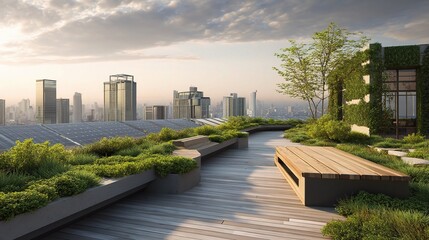 Fototapeta premium Rooftop Deck with Eco-Friendly Design and City View at Sunset