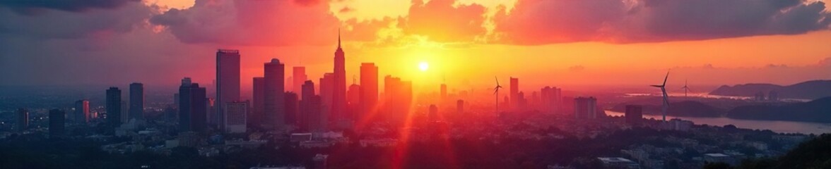 A vibrant sunrise over a cityscape, symbolizing hope, progress, and a promising tomorrow Clean energy sources are subtly visible, hinting at a sustainable future , skyline, inspiring, light