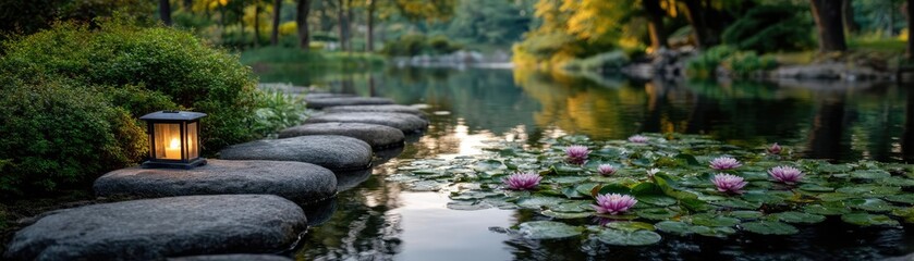 Naklejka premium Koi pond with lantern and minimalism by rock concept. Serene pond scene with lily pads and tranquil lantern lighting.