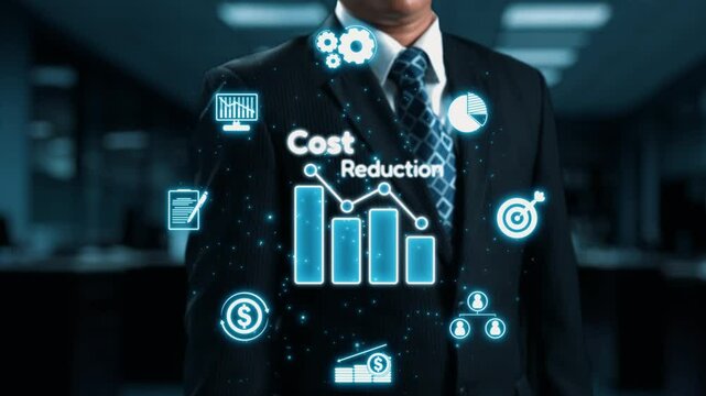 A businessman in a suit stands in a modern office, presenting a cost reduction graph surrounded by vibrant financial icons, symbolizing success and strategic growth. Qubit