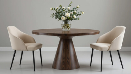 Fototapeta premium Modern Dining Room Round Wood Table Beige Chairs White Flowers