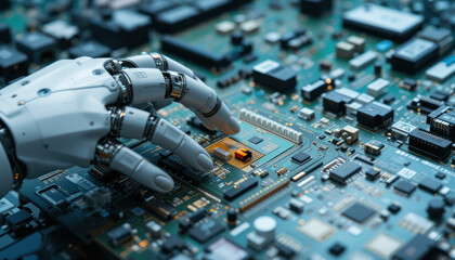 Robotic hand holding circuit board, futuristic tech	
