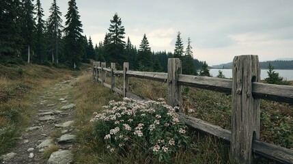 Fototapeta premium Rustic wooden fence bordering a stone path in a pine forest.