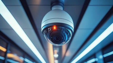 Close-up of a modern dome security camera with a glowing red indicator light mounted on a ceiling in a brightly lit hallway with blue and white lights