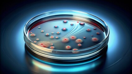Close-up view of a petri dish containing a bacterial culture, showcasing the growth and distribution of microorganisms in a scientific laboratory setting.