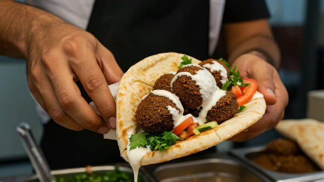 Assembling a falafel wrap with crispy balls, fresh veggies, and creamy sauce in a lively spot