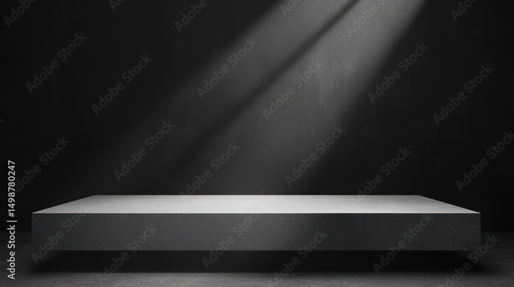 Poster dark empty textured rectangular platform illuminated by focused beams of light in a minimalist setti
