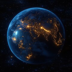View of Earth from space at night showing illuminated city lights across continents against a dark starry background with a glowing atmosphere