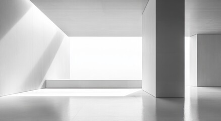 Fototapeta premium Bright empty minimalist interior space with large open window and smooth reflective floor creating a calm and spacious atmosphere