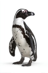 Obraz premium Penguin standing gracefully on a white background, showcasing its distinctive black and white feathers during a calm moment