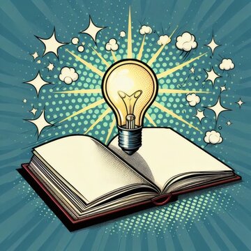book open light bulb pop art reading knowledge inspiration idea education learning writing literature retro style information