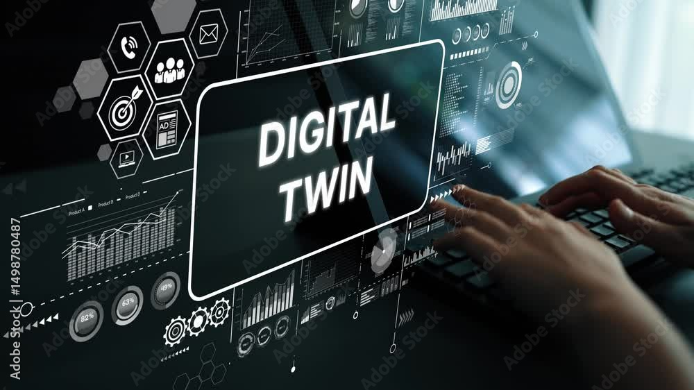 Poster hands interacting with digital twin technology concept on laptop screen with data visualizations and