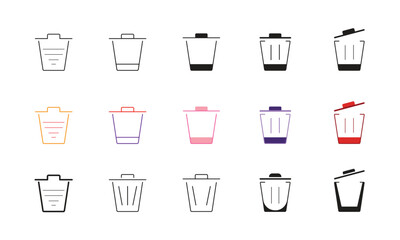 Stylized Trash Can Icons in Various Colors and Designs. The collection includes outline and filled versions to suit dark or light themes.