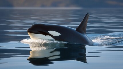 Fototapeta premium Orca swims gracefully in calm ocean waters showcasing its distinctive dorsal fin during a tranquil late afternoon