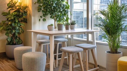 Fototapeta premium Bright Shared Office Nook Featuring High Top Table and Stools