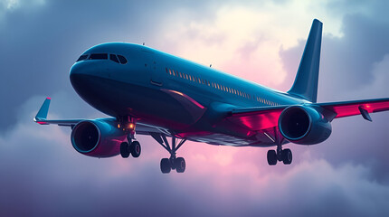 Obraz premium Modern Airplane in Flight, High-Altitude Travel Scene, Generative AI