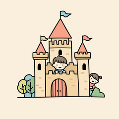 Fototapeta premium Children playing near colorful castle with trees in background 
