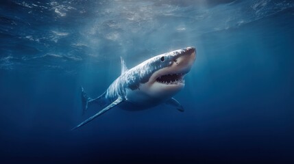 Fototapeta premium Majestic great white shark gliding through deep ocean waters in search of prey during the daylight hours
