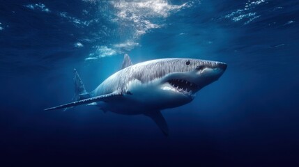 Fototapeta premium Great white shark swimming in deep blue ocean waters showcasing its powerful presence during daytime