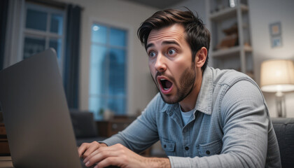 Shocked businessman at laptop, office background, problem	
