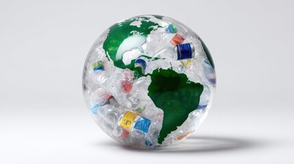 Fototapeta premium A transparent globe filled with plastic bottles symbolizes global plastic pollution and environmental concerns.