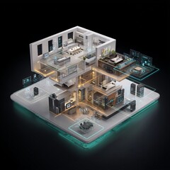 3D smart home system, providing easy management of lighting, temperature, and security features.
