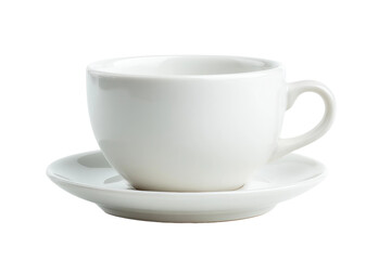 White ceramic teacup and saucer set on white background, cut out