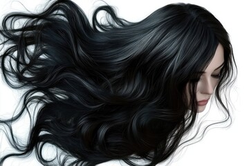 Side profile of a woman with long, flowing, wavy black hair against a white background, serene and calm expression