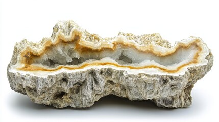 Obraz premium Raw onyx geode has brown and white banding on a white background. Use this for geological, spiritual, or metaphysical concept.