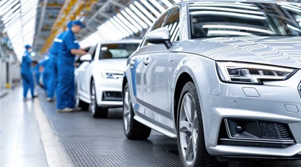 Fototapete Fahrzeug Modern car assembly line with workers in blue uniforms inspecting vehicles under bright industrial lighting.  © watcharee
