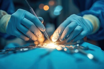 Close-up of surgeon’s gloved hands performing delicate surgery with surgical tools on patient under bright focused lighting