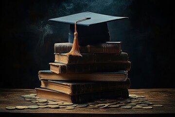 Stack of old leather-bound books with a black graduation cap on top surrounded by scattered gold coins on wooden surface with dark smoky background