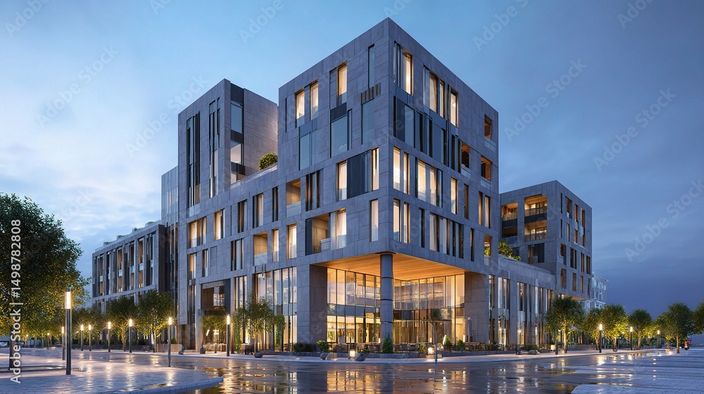 Poster modern 3d rendering of an illuminated office building at dusk