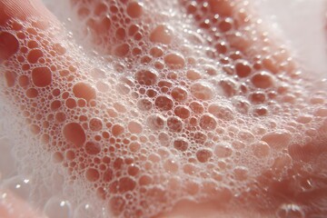 Fototapeta premium Close-up shot of soap bubbles on a hand, showcasing the texture and translucency of the foam. The bubbles vary in size, creating a mesmerizing pattern.