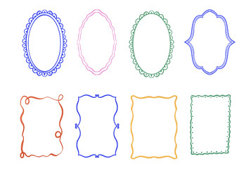 Watercolor whimsical frames set for wedding invite, cards, posters, banners. Decorative doodled scalloped wavy borders with ribbon and bow details. 
