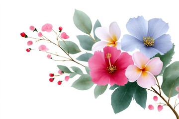 Watercolor bouquet of hibiscus and frangipani flowers with pink berries and eucalyptus leaves creating a delicate floral arrangement