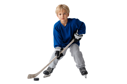 Young boy in blue jersey and ice skates playing hockey, holding a stick and focused on the puck, isolated on white background