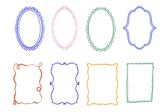 Watercolor whimsical frames set for wedding invite, cards, posters, banners. Decorative doodled scalloped wavy borders with ribbon and bow details. 