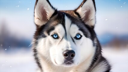 Obraz premium Husky dog with striking blue eyes sitting in a snowy landscape surrounded by white snow