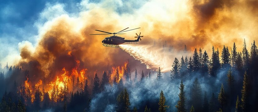 Helicopter releasing water to extinguish a large forest fire with thick smoke and bright flames among tall pine trees under a blue sky
