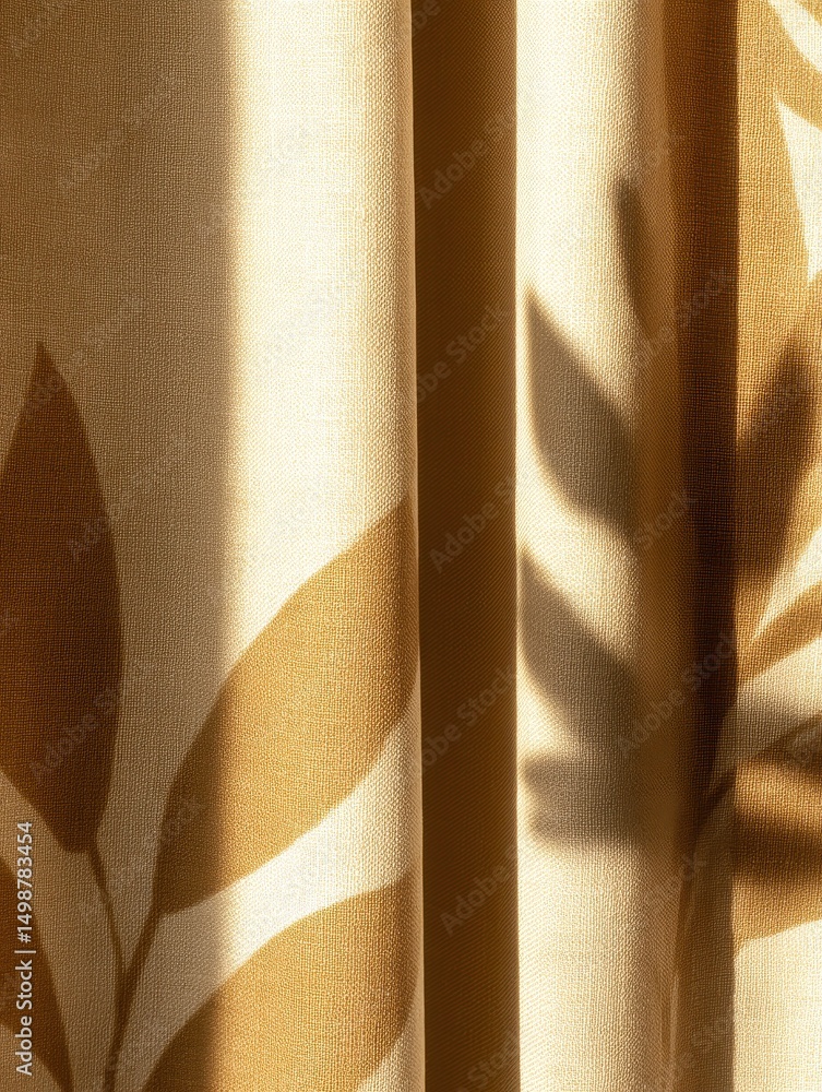 Poster elegant curtains with leaf patterns casting soft shadows in a bright, serene interior setting