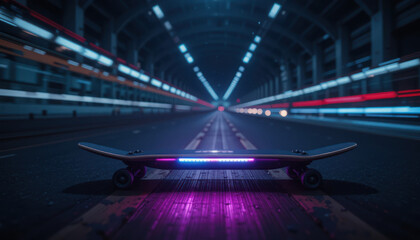 Electric skateboard on dark background, transport, speed	
