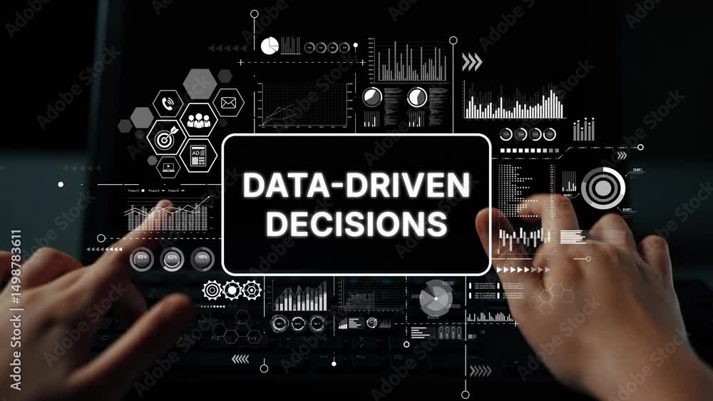 Poster Hands on Keyboard with Data-Driven Decisions Concept and Graphs in Background for Business and Technology Themes. Asymptotic smart data analytic.