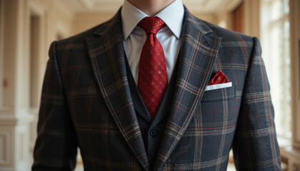 Man in plaid suit, city background, fashion detail	
