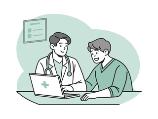 Flat Illustration of Two Male Doctors at Table with Laptop in Modern Medical Office
