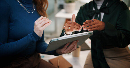 Business people, hands or discussion with tablet at night for project deadline or research at office. Closeup, employees or colleagues working late on technology for design strategy, review or report