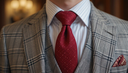 Man in plaid suit, city background, fashion detail	
