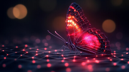Colorful digital butterfly transforming, symbolizing evolution from traditional to tech-driven life, representing innovation, growth, and a successful future business.