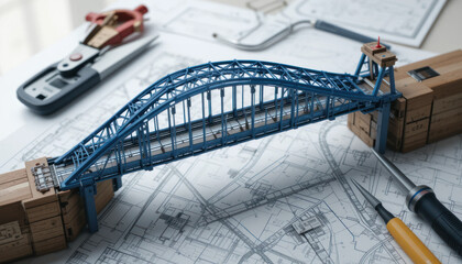 Miniature bridge model on blueprints, garden background; planning, design	
