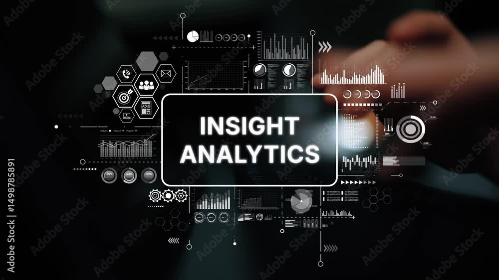 Poster Insightful Data Analytics Visualization with Graphs, Metrics, and Icons for Business Intelligence and Decision Making. Asymptotic smart data analytic.